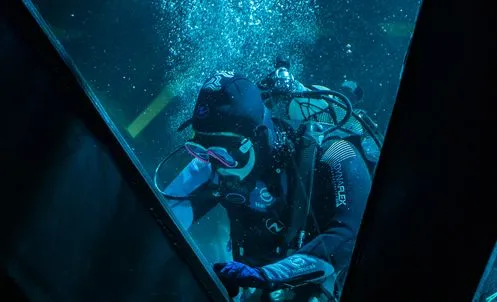 Plongeur nettoyage aquarium en haute mer